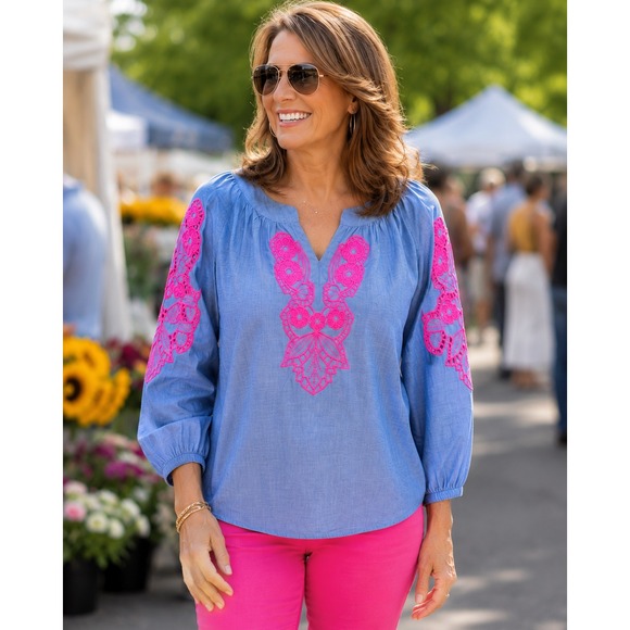 Lilly Pulitzer Tops - Lilly Pulitzer Size L Blue Pink Embroidered Tunic Top 100% Cotton Boho Resort